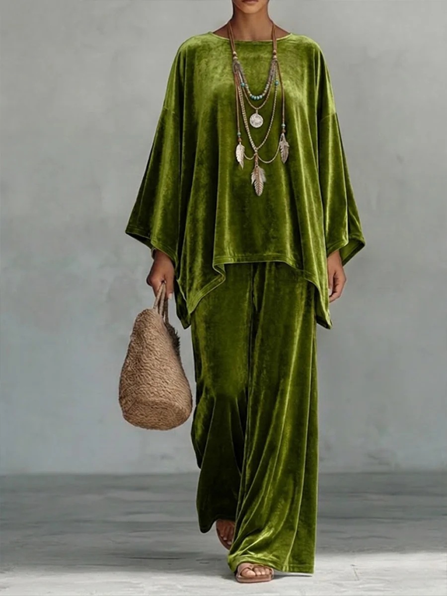2‑Piece Velvet Co‑Ord Set | Oversized Batwing‑Sleeve Top & Wide‑Leg Palazzo Pants Boho Loungewear Outfit