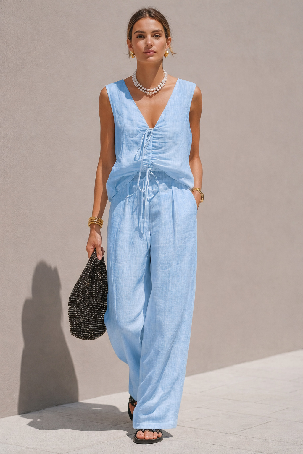Women's Casual White Cotton-Linen V-Neck Sleeveless Top And Trousers Set (Lined) MDZ2866C9AN