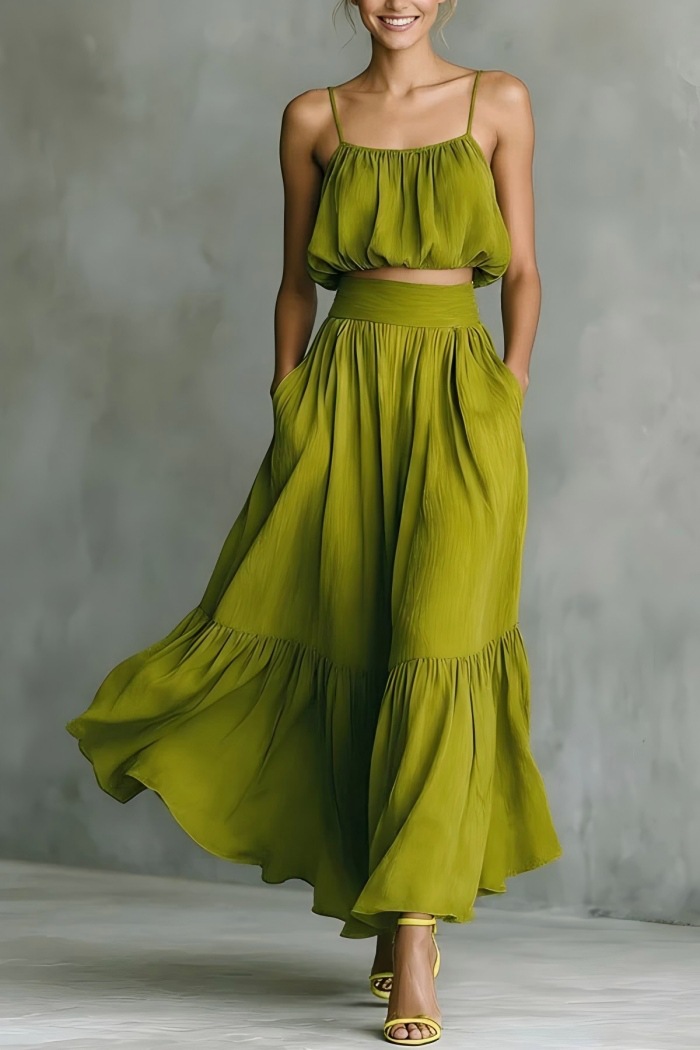 Spaghetti Strap Crop Top Tiered Maxi Skirt Matching Two Piece Set
