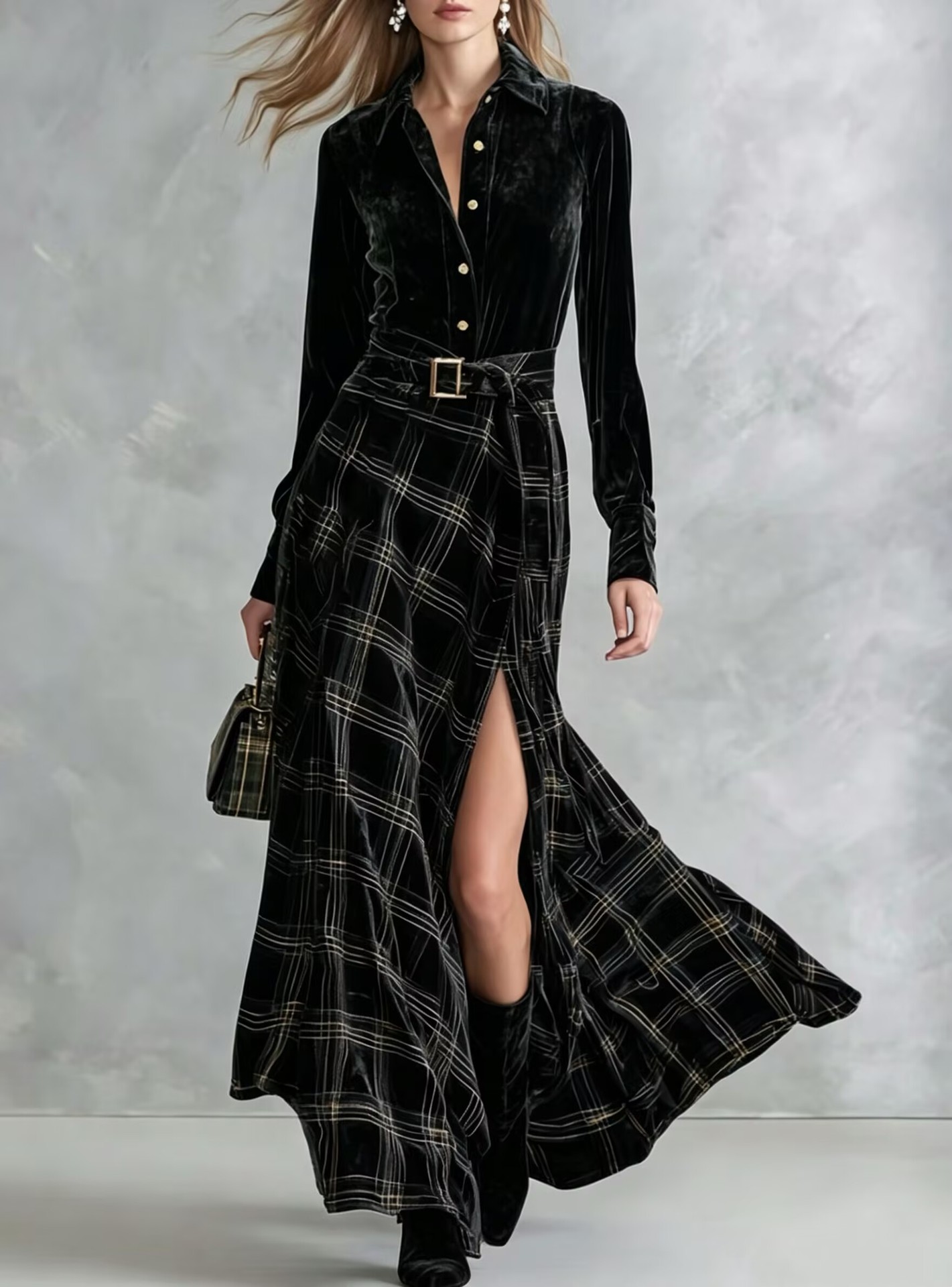 Green Velvet Shirt And Plaid High Slit Maxi Dress Set With Belt