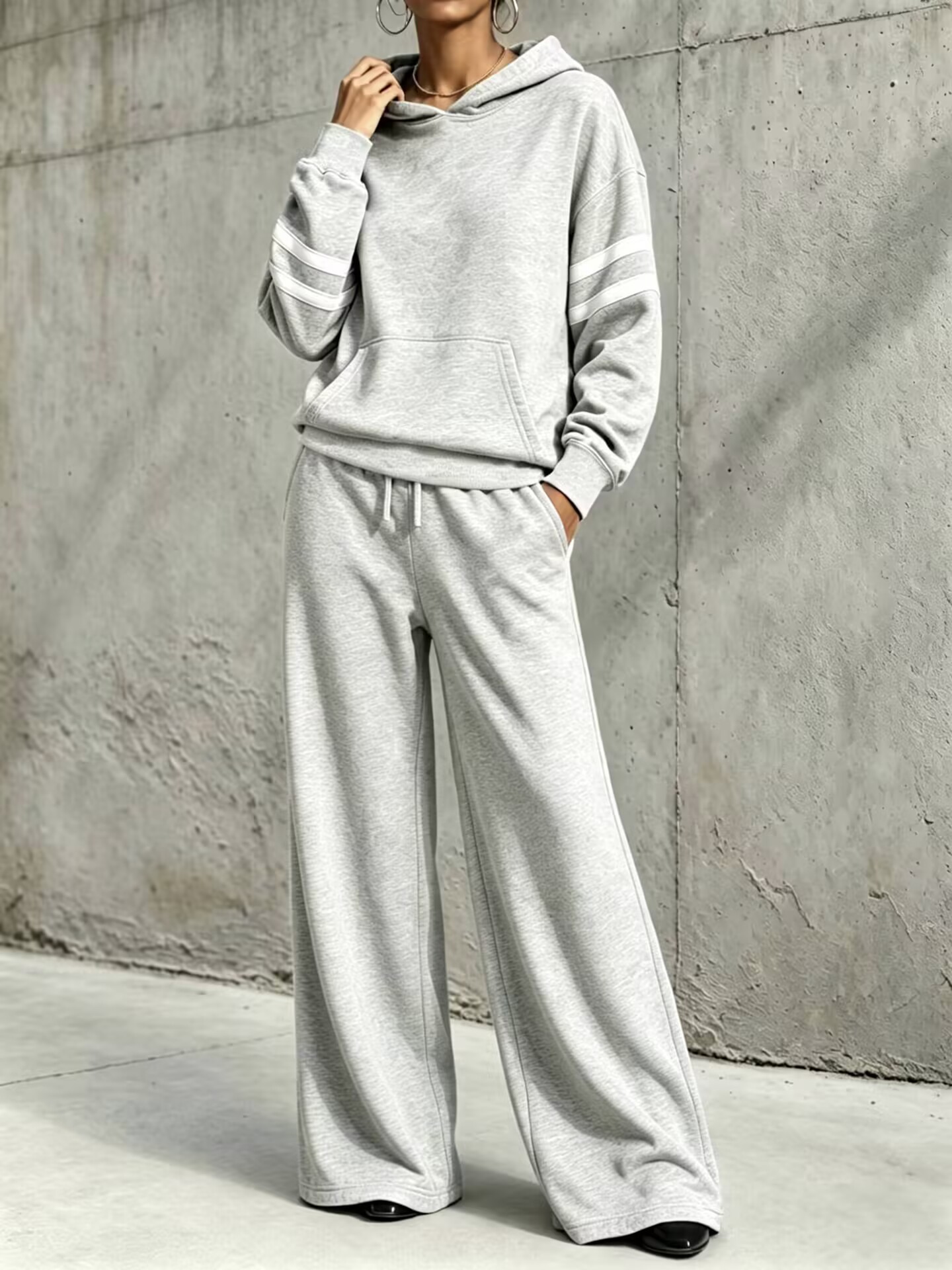 Striped‑Sleeve Hooded Wide‑Leg Tracksuit Two‑Piece Set