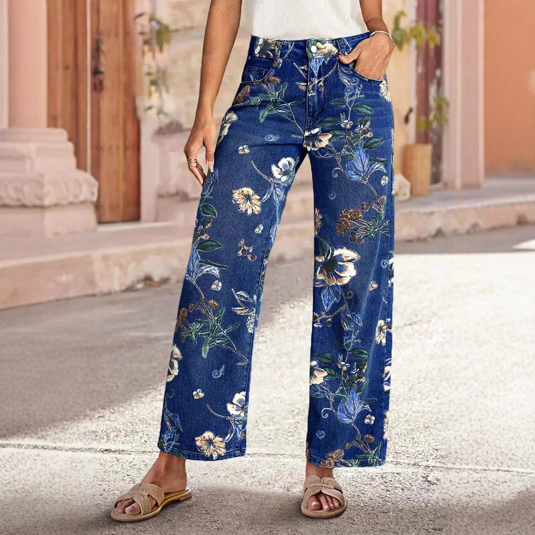 Women Floral Print Wide Leg Jeans