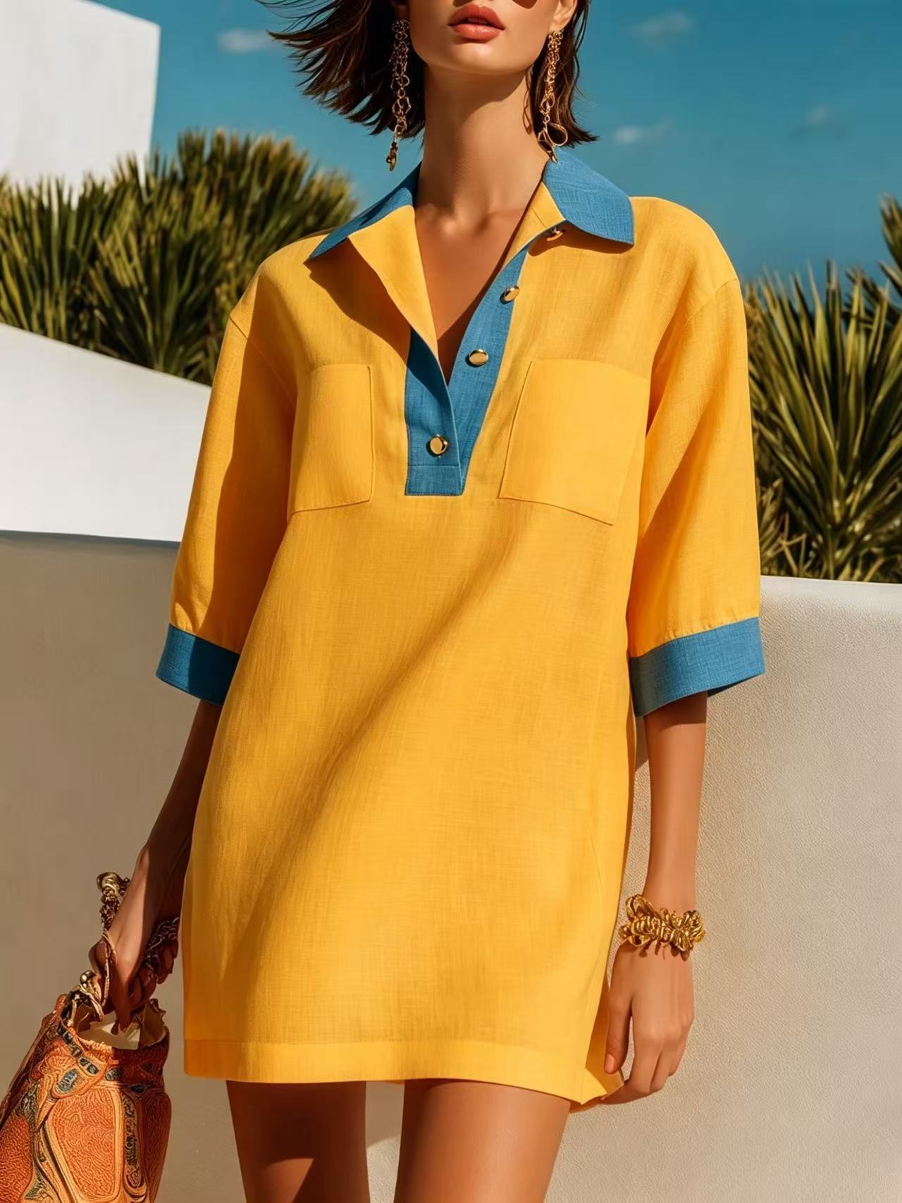 Color Block Collar Half Button Short Sleeve Mini Shirt Dress With Double Chest Pockets