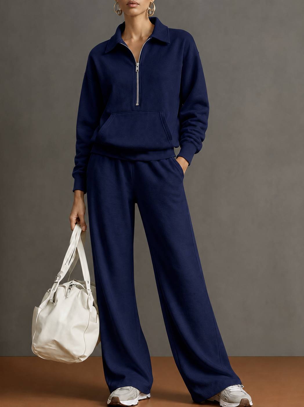 Polo Collar Half‑Zip Sweatshirt with Kangaroo Pocket & Drawstring Wide‑Leg Two‑Piece Loungewear Set