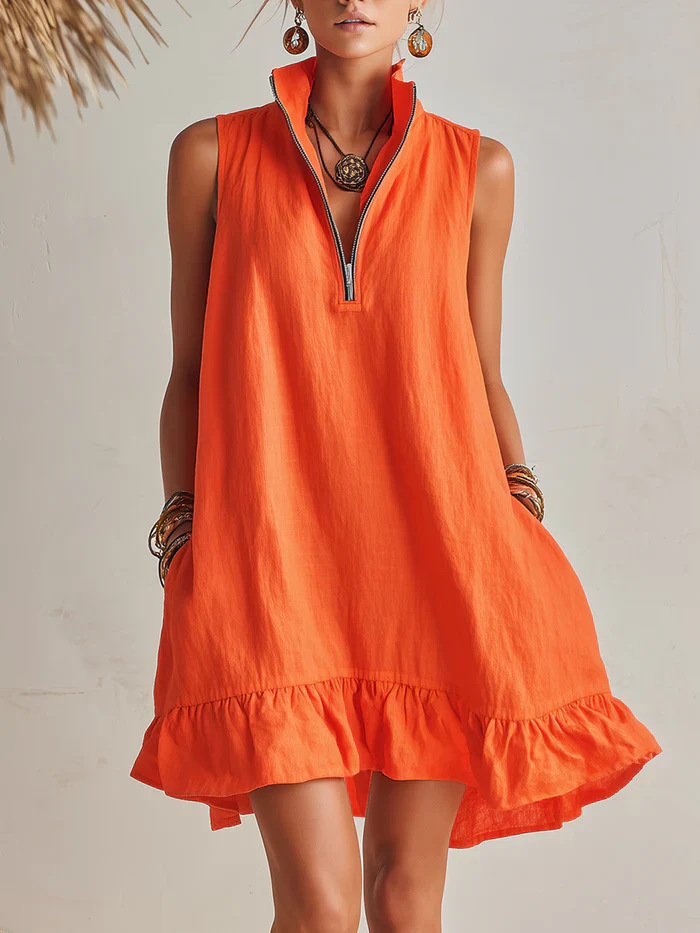 🌞 Half?Zip Stand?Collared Sleeveless Ruffle Hem Linen Mini Dress