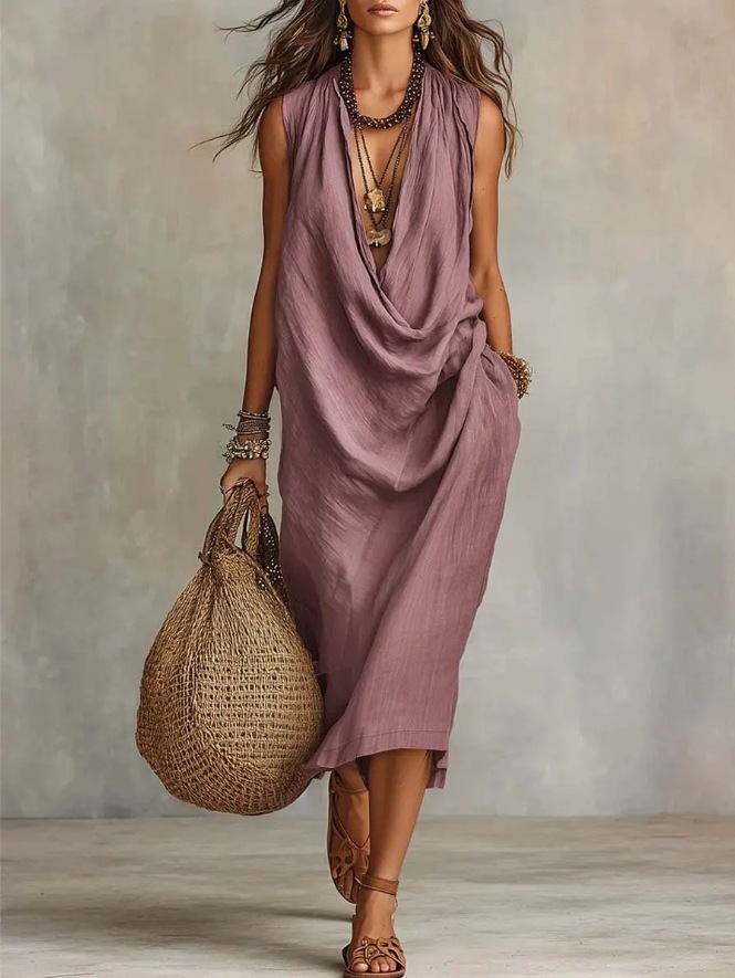 Draped Cowl Neck Sleeveless Loose Midi Linen Dress