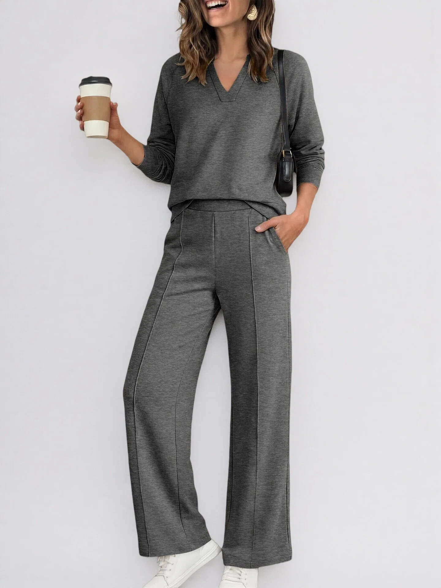 2‑Piece Soft Knit Co‑Ord Set | V‑Neck Long‑Sleeve Top & Front‑Seam Wide‑Leg Pants Casual Smart‑Casual Outfit