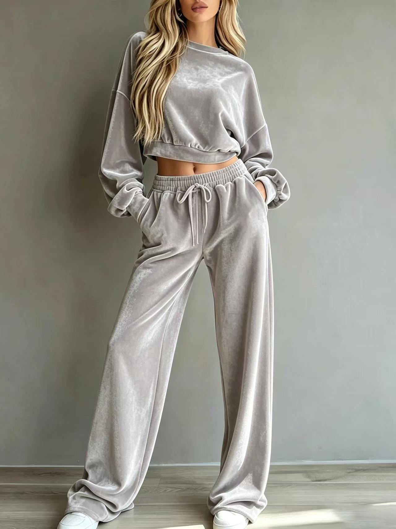 2‑Piece Velour Co‑Ord Set | Drop‑Shoulder Cropped Sweatshirt & Drawstring Wide‑Leg Pants Casual Loungewear Outfit