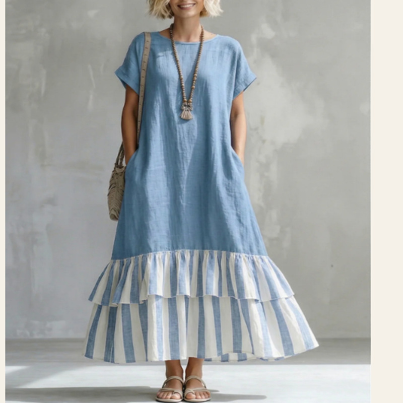 Solid Navy Top Striped Tiered Ruffle Hem Linen Midi Dress