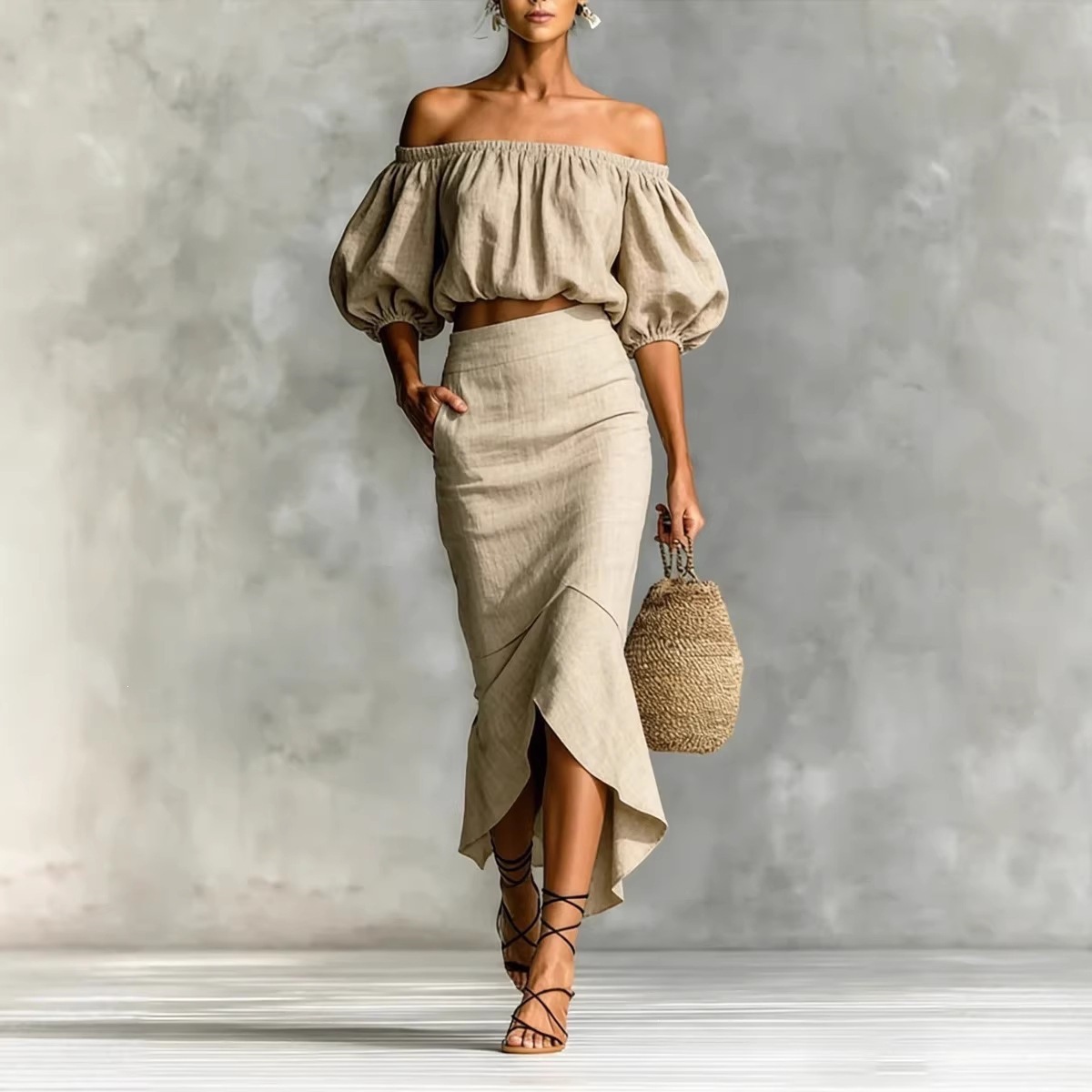 Off Shoulder Puff Sleeve Crop Top & High Waist Ruffle Midi Skirt Two Piece Matching Set