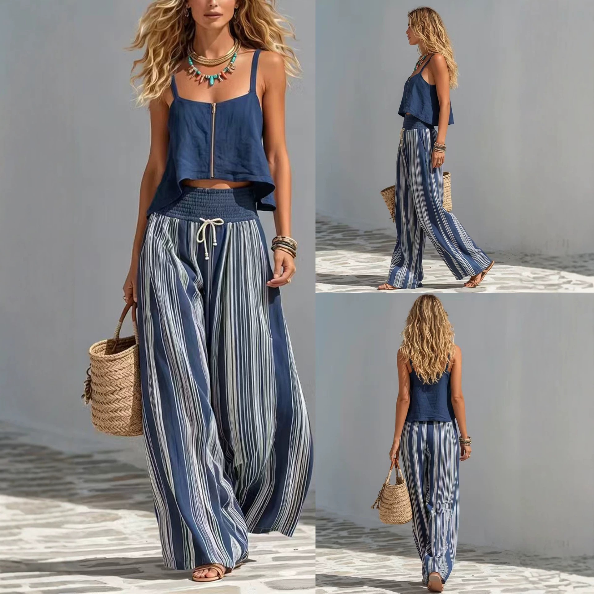 Front Zip Spaghetti Strap Crop Cami & Striped Drawstring Wide Leg Pants Two-Piece Set