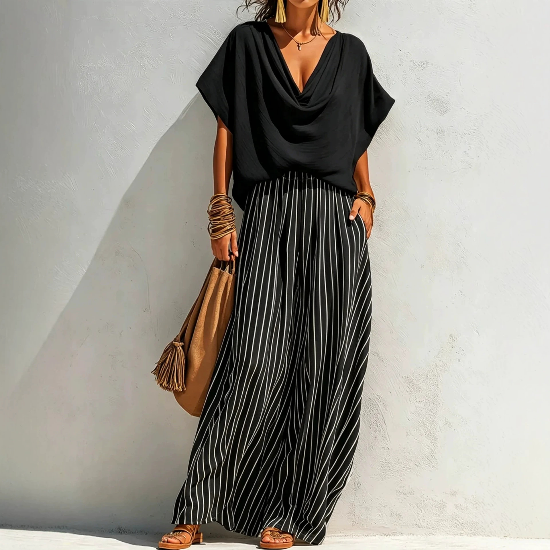 Women's Solid-color Cowl-neck Short-sleeve Loose-fit Cotton-linen Top & Elastic-waist Striped Wide-leg Cotton-linen Pants Set