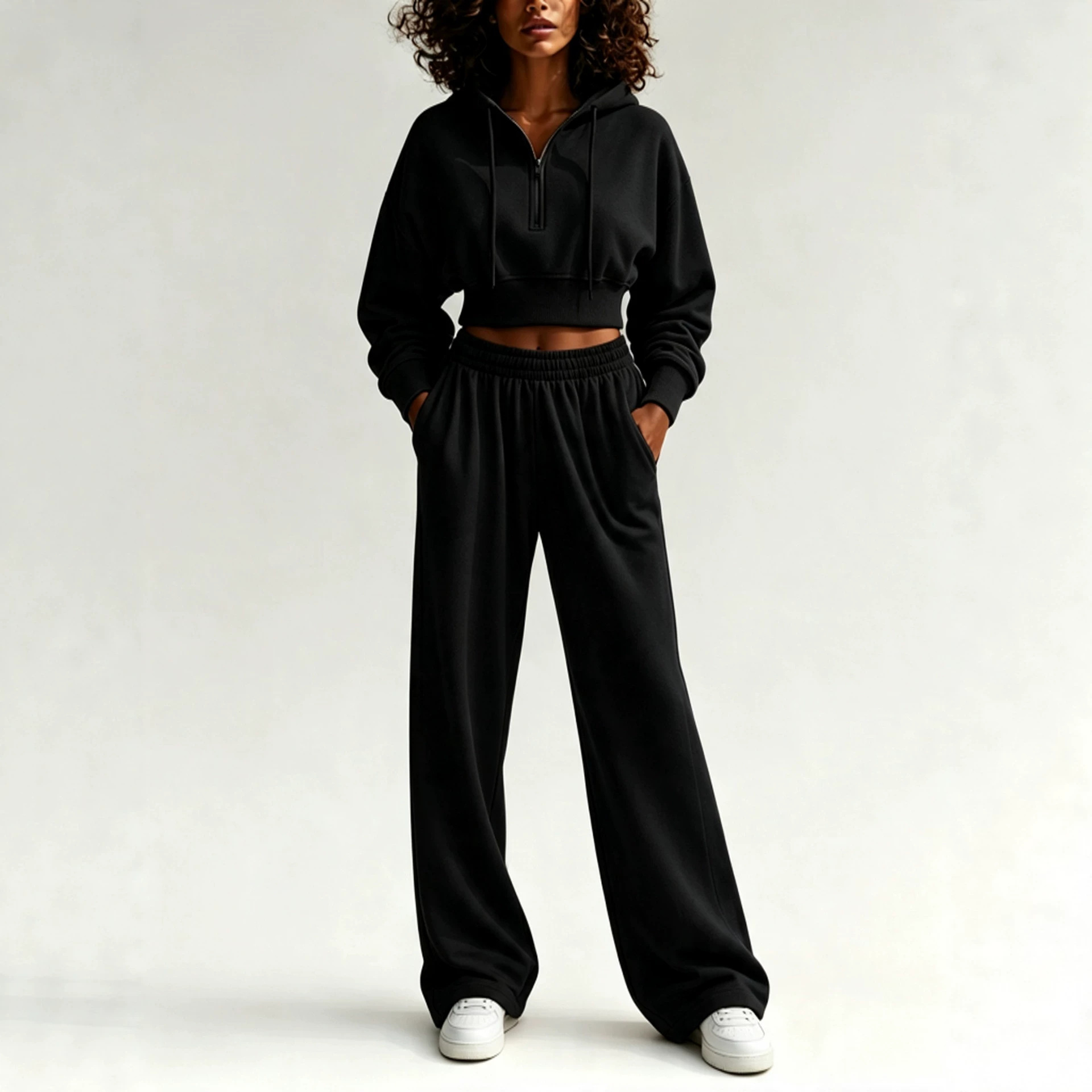 2‑Piece Sweat Co‑Ord Set | Cropped Half‑Zip Hoodie & Elastic Waist Wide‑Leg Sweatpants Casual Streetwear Outfit