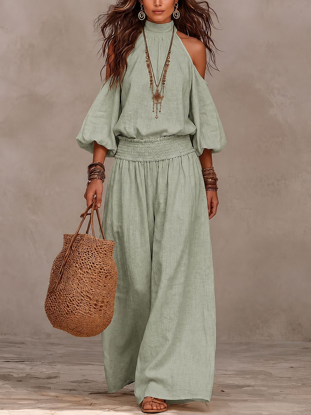 🔥 High‑Neck Cold‑Shoulder Puff‑Sleeve Top & Wide‑Leg Pants Cotton‑Linen Set 