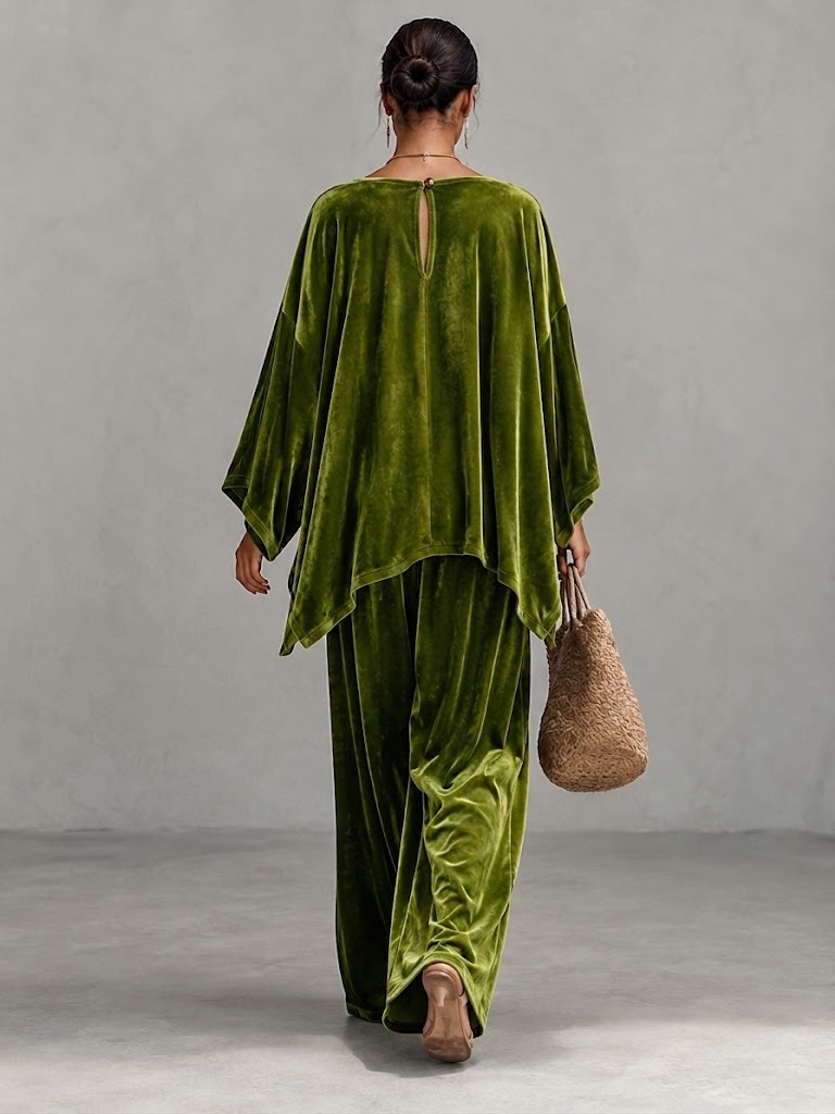 2‑Piece Velvet Co‑Ord Set | Oversized Batwing‑Sleeve Top & Wide‑Leg Palazzo Pants Boho Loungewear Outfit