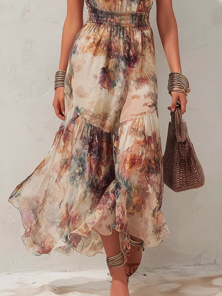 Floral Print Halter Smocked Waist Tiered Midi Dress