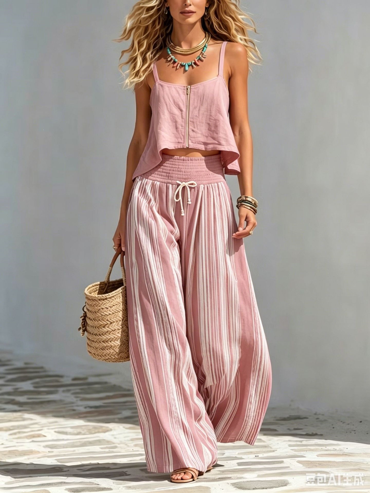 Front Zip Spaghetti Strap Crop Cami & Striped Drawstring Wide Leg Pants Two-Piece Set