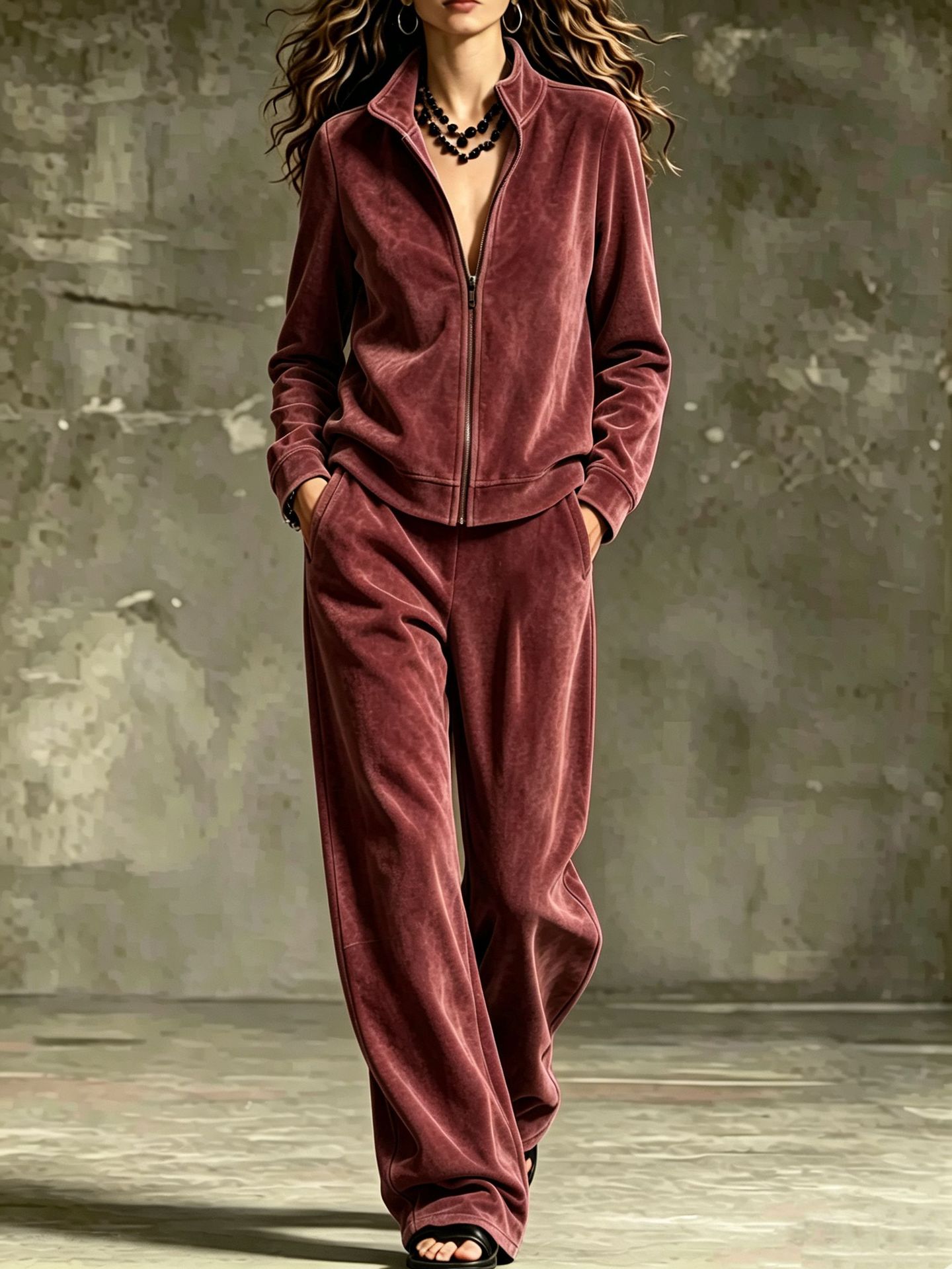 2‑Piece Velour Tracksuit Set | Full‑Zip Stand Collar Jacket & Wide‑Leg Pants Luxury Loungewear Outfit