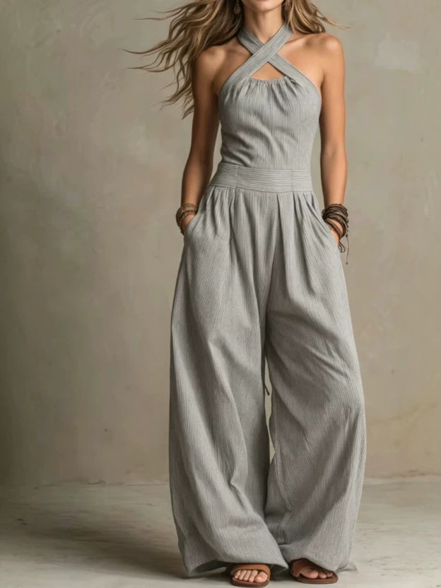Women's Cross-neck Halter Design Cotton-linen Jumpsuit