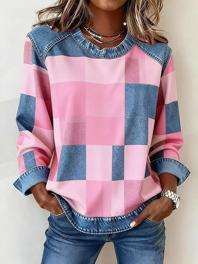 Women's Denim Patchwork Knit Sweater Crewneck Long Sleeve Casual Top