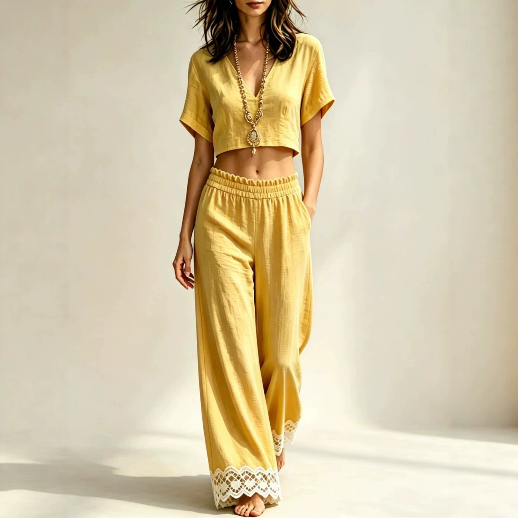 Short Sleeve V Neck Crop Top & Scallop Elastic Waist Lace Hem Wide Leg Pocket Pants Two Piece Matching Set