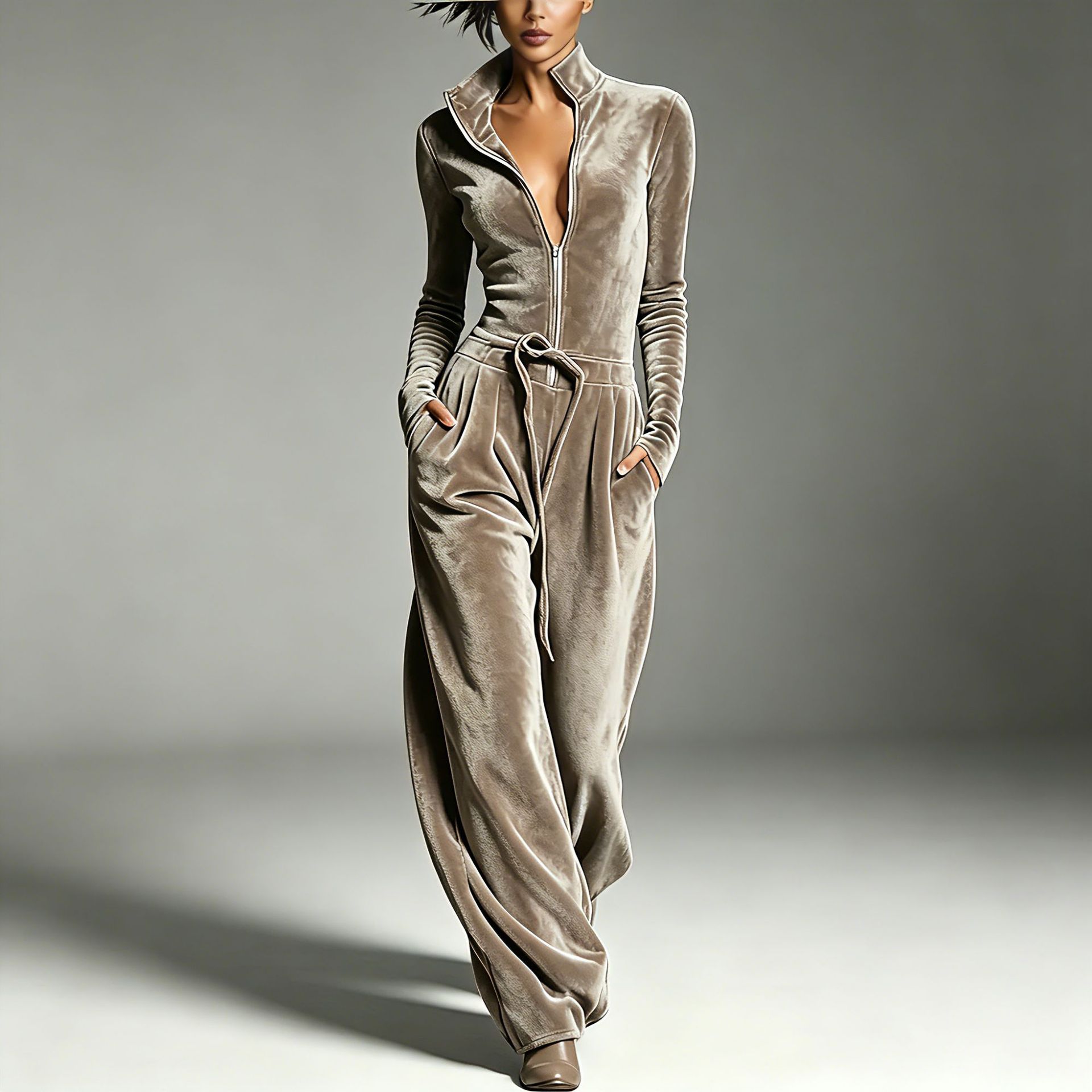 Velour Jumpsuit | Full‑Zip Stand Collar Long‑Sleeve Drawstring Waist Wide‑Leg One‑Piece Loungewear Outfit