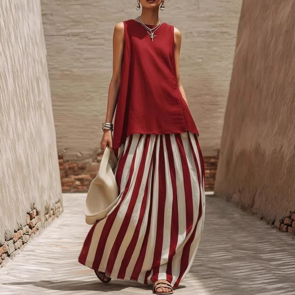 Sleeveless Loose Top & Striped Wide Leg Two-Piece Set