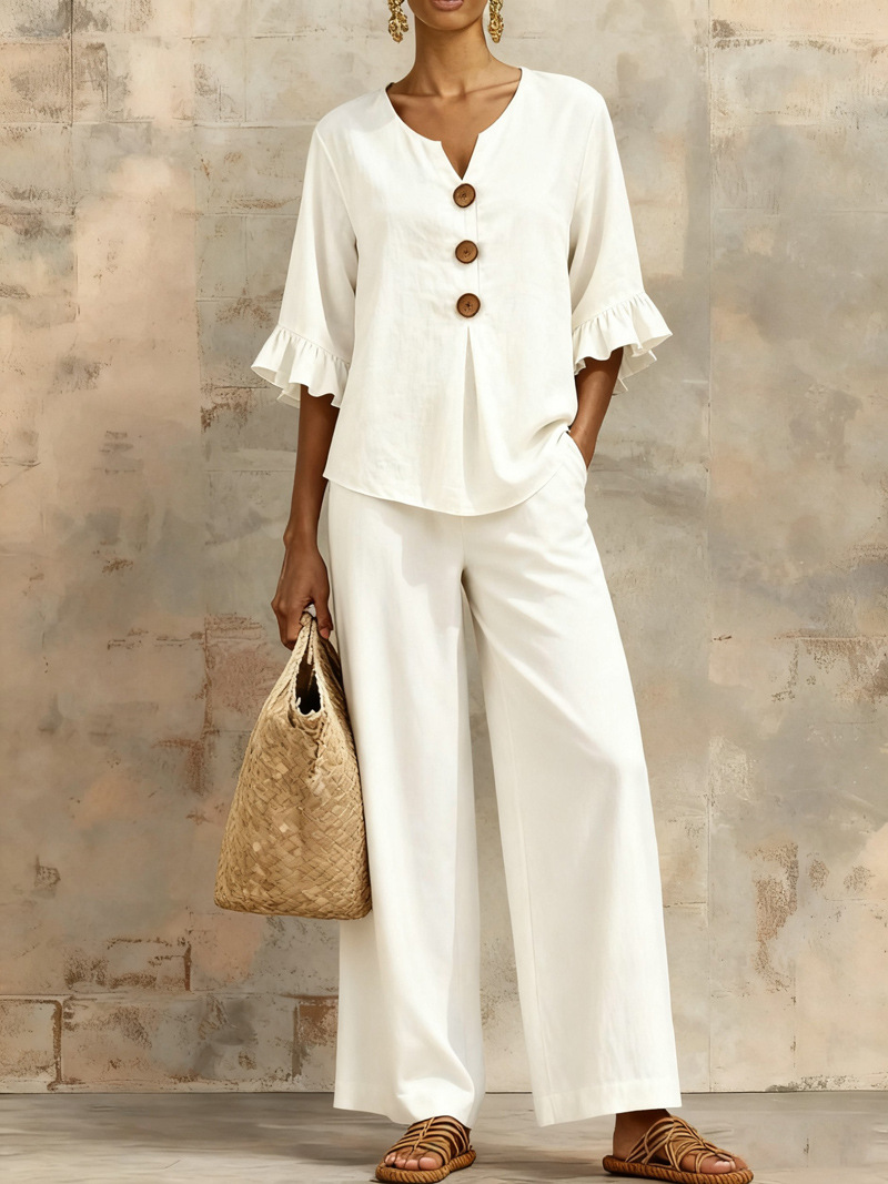 V-Neck Ruffle Sleeve Top & Wide Leg Pants Two-Piece Linen Co-Ord