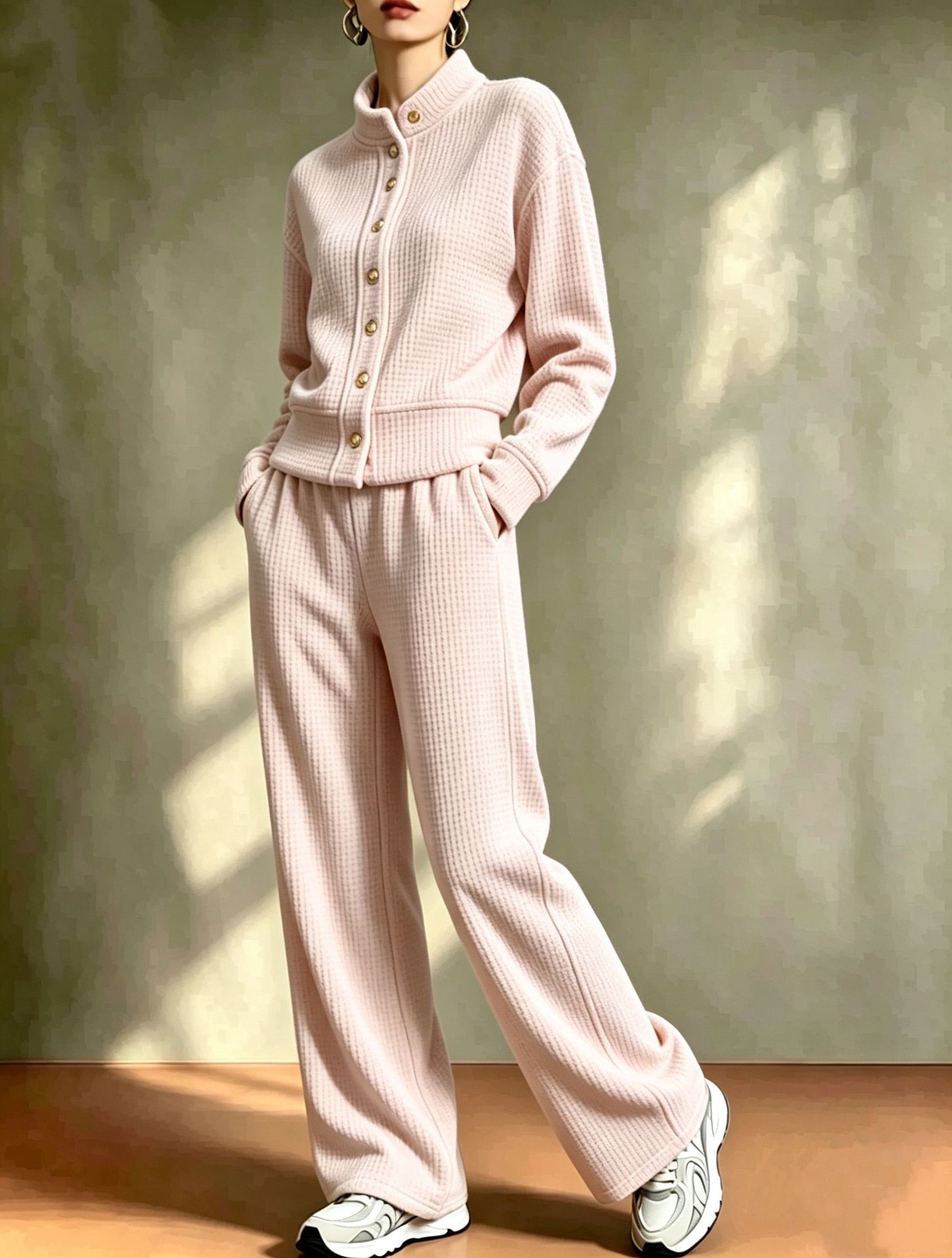 2‑Piece Waffle Knit Co‑Ord Set | Stand‑Collar Button Cardigan Top & Wide‑Leg Pants Casual Loungewear Outfit