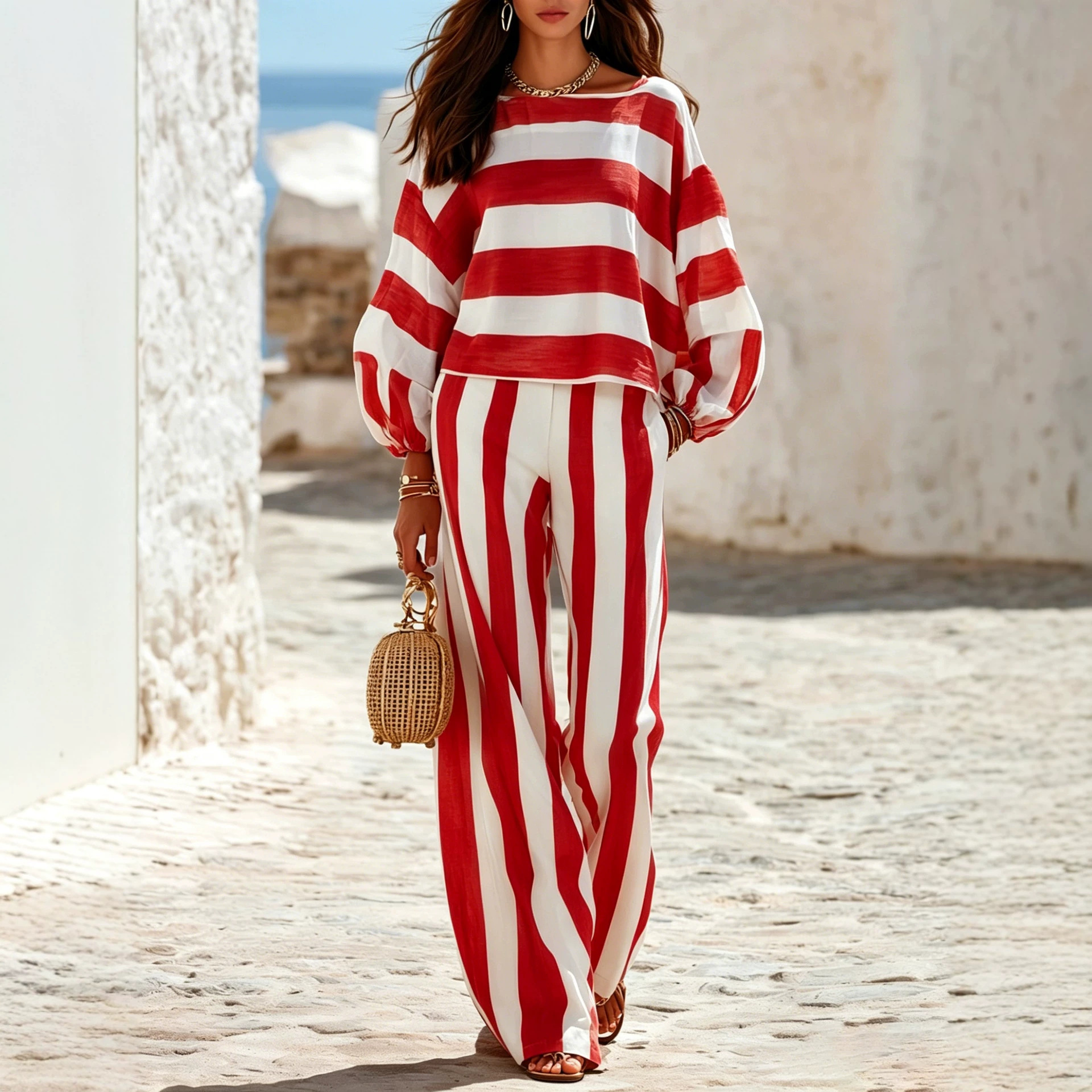 🌞 Horizontal‑Stripe Balloon Long‑Sleeve Top & Vertical‑Stripe Wide‑Leg Pants Two‑Piece Set