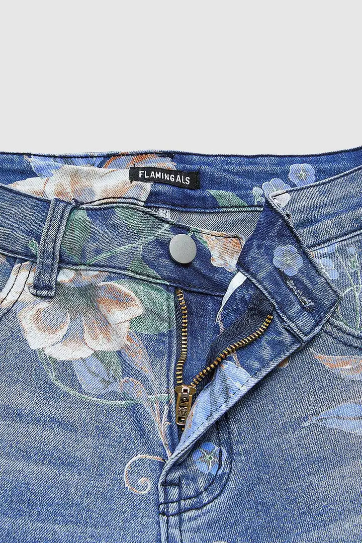 Women Floral Print Wide Leg Jeans