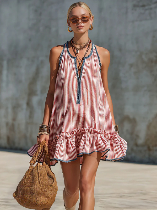 Fringe Denim Trim Vertical Stripe Halter Mini Swing Dress