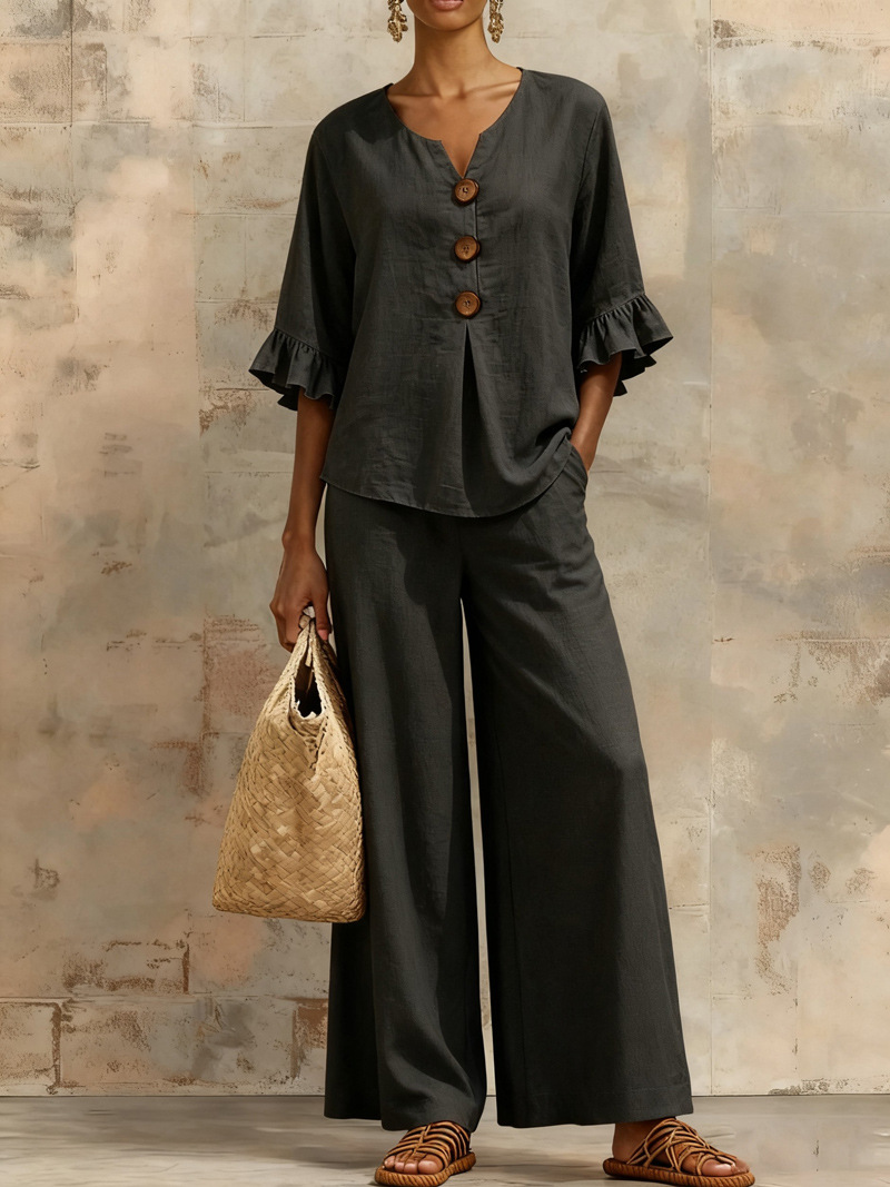 V-Neck Ruffle Sleeve Top & Wide Leg Pants Two-Piece Linen Co-Ord