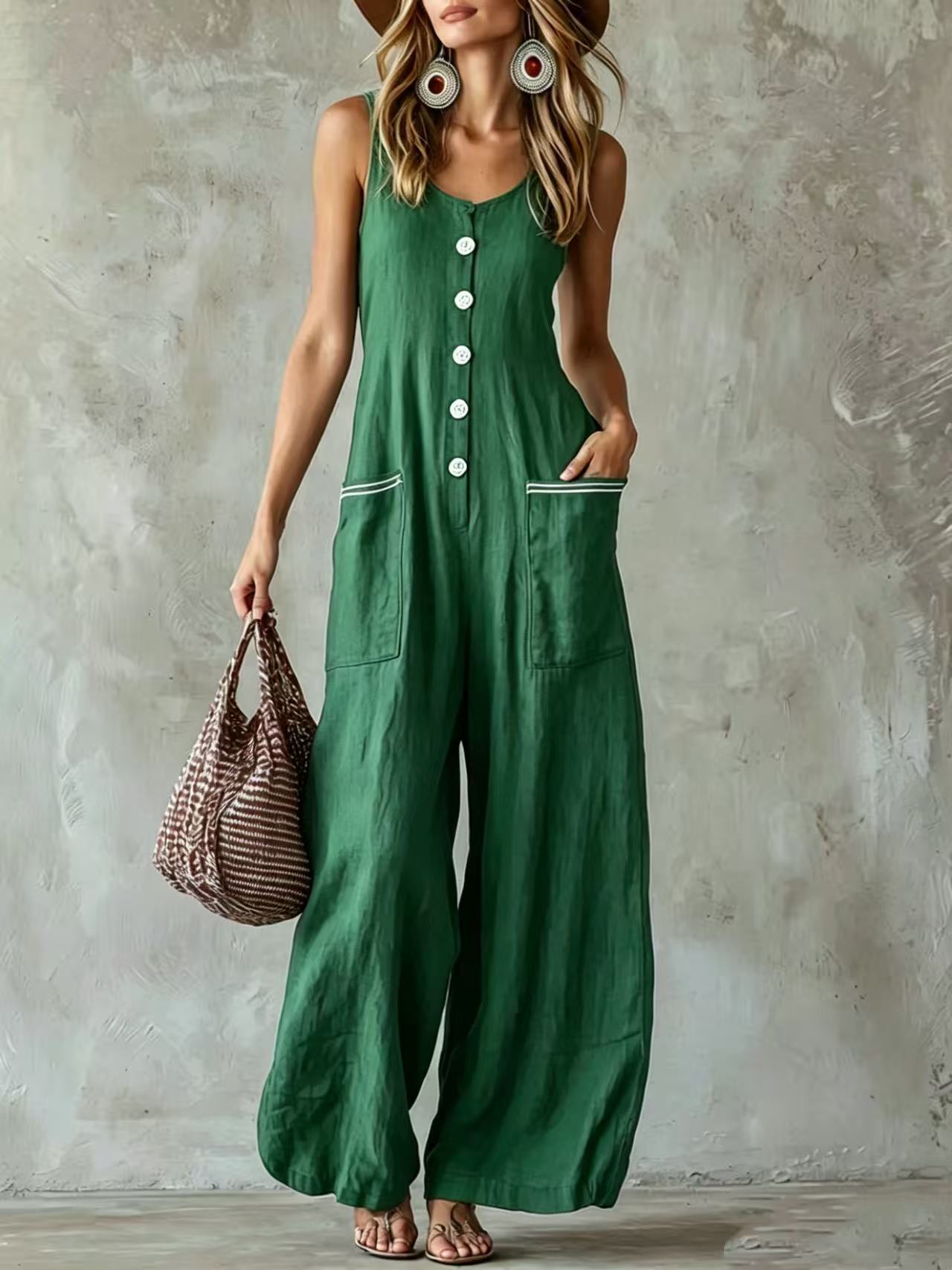 Sleeveless Button Front Contrast Pocket Wide Leg Jumpsuit