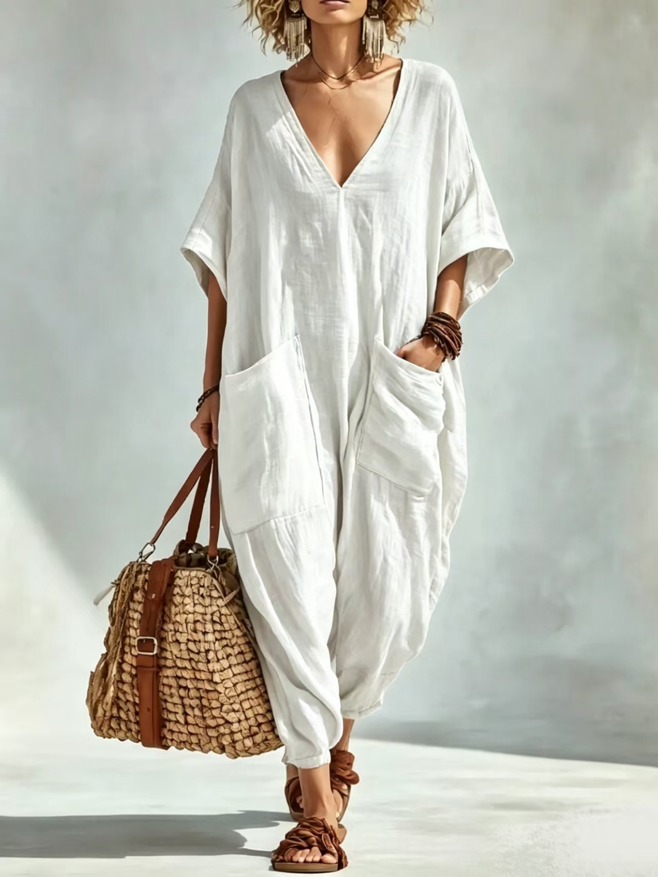 Oversized Linen-look Cotton V-neck Harem Jumpsuit