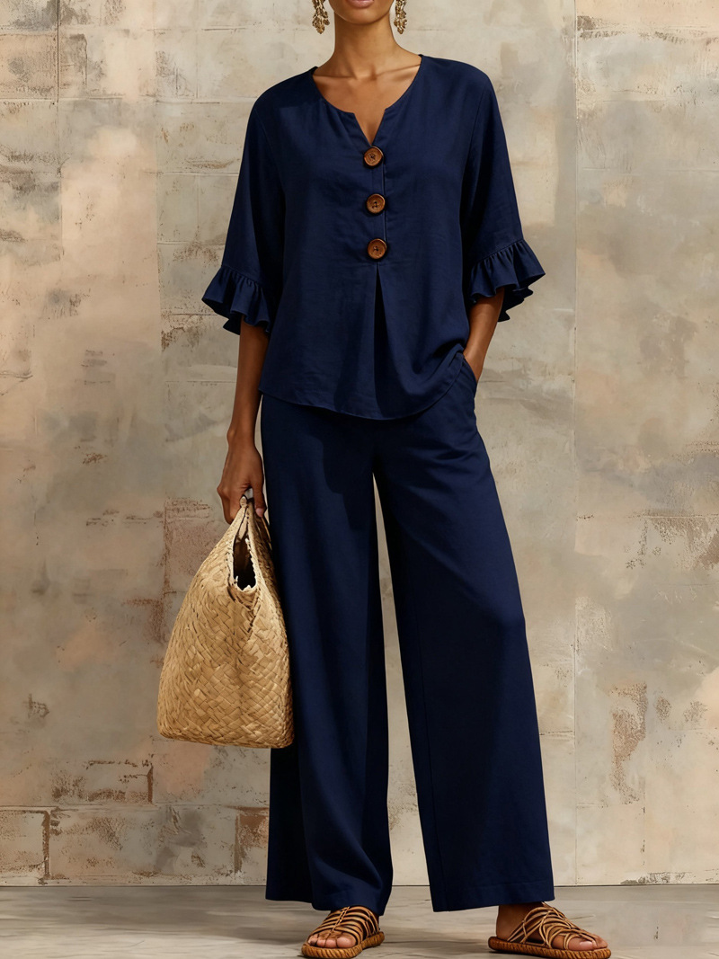 V-Neck Ruffle Sleeve Top & Wide Leg Pants Two-Piece Linen Co-Ord