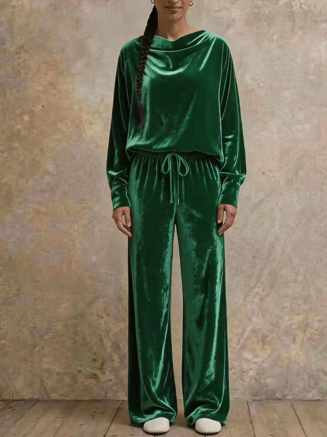 2‑Piece Velvet Co‑Ord Set | Draped Cowl Neck Long‑Sleeve Top & Drawstring Elastic Waist Wide‑Leg Pants Elegant Loungewear Outfit