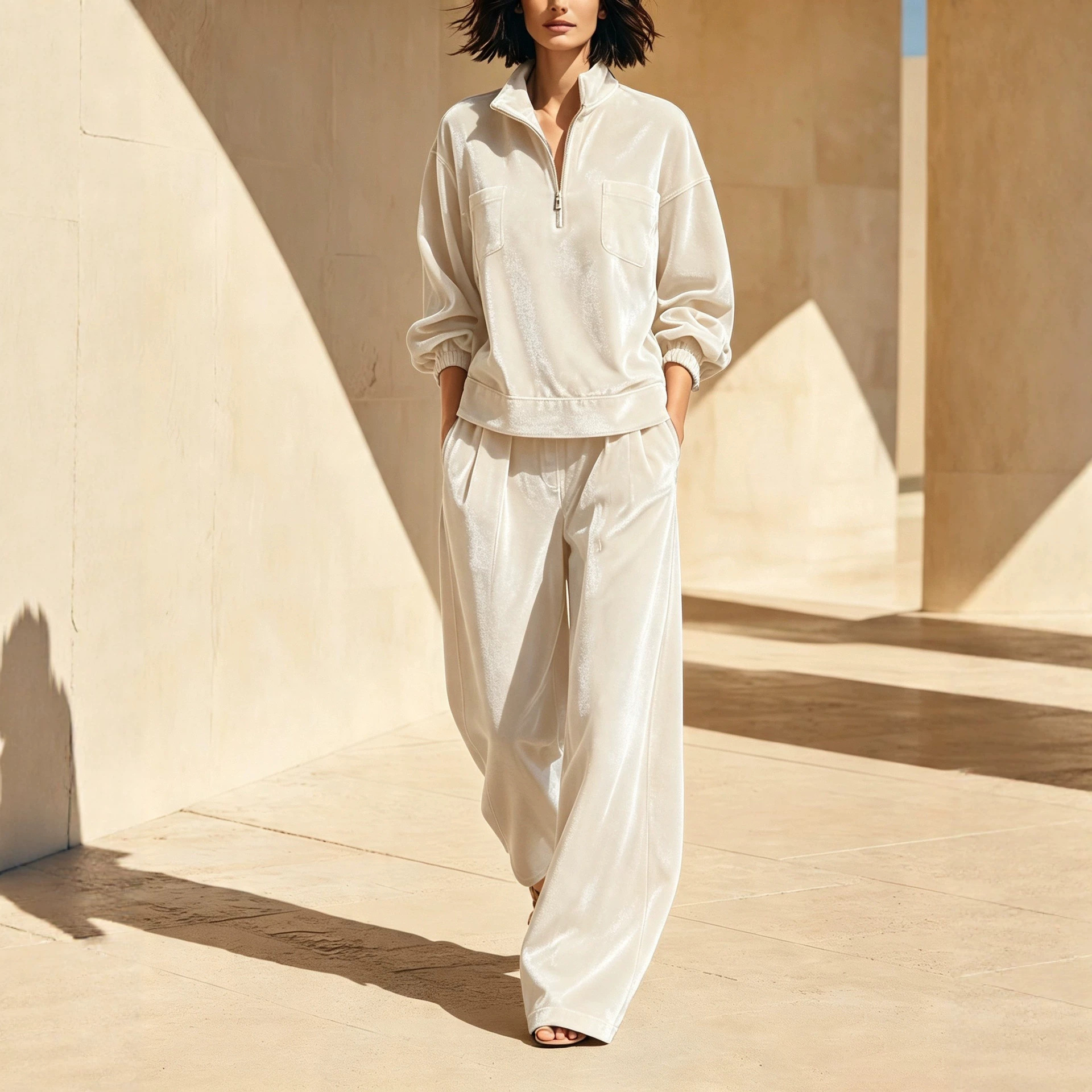 2‑Piece Velour Co‑Ord Set | Half‑Zip Stand Collar Top & Pleated Wide‑Leg Pants Luxury Loungewear Outfit