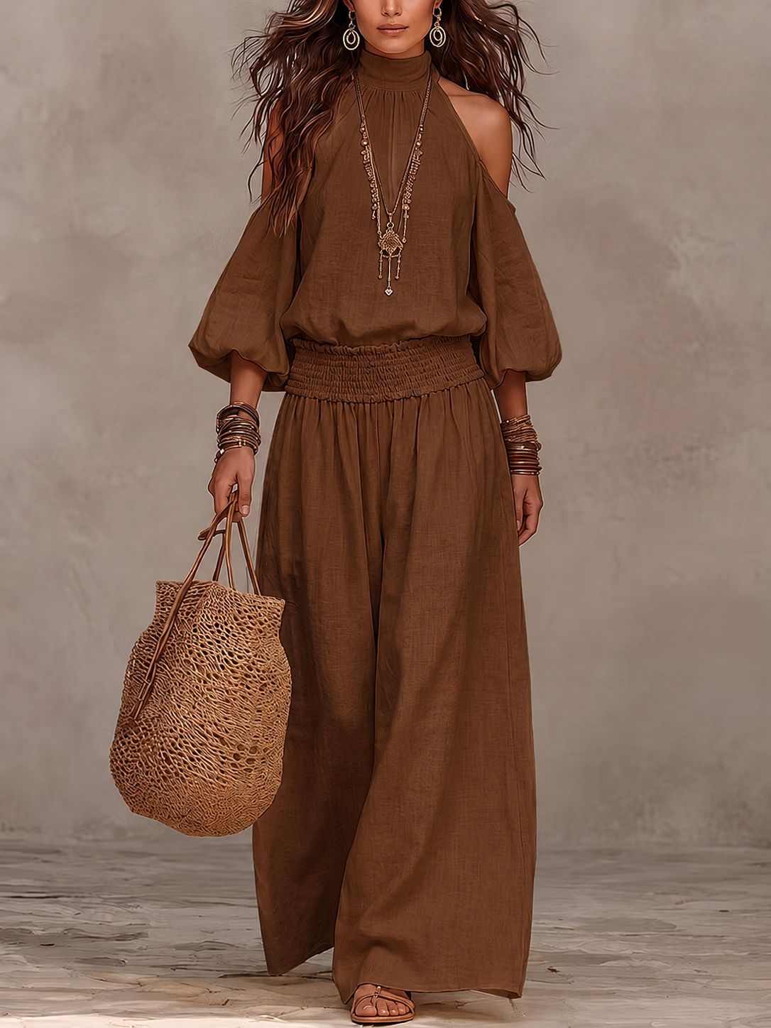 🔥 High‑Neck Cold‑Shoulder Puff‑Sleeve Top & Wide‑Leg Pants Cotton‑Linen Set 