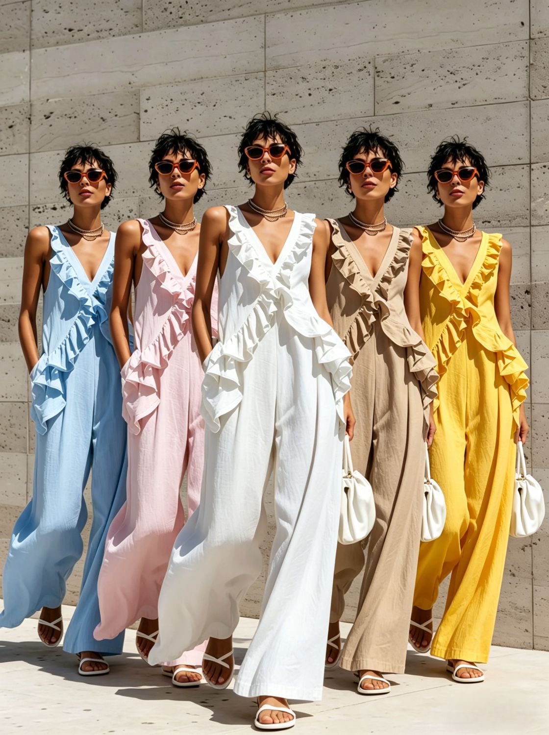 Ruffle Trim Deep V Sleeveless Wide Leg Jumpsuit