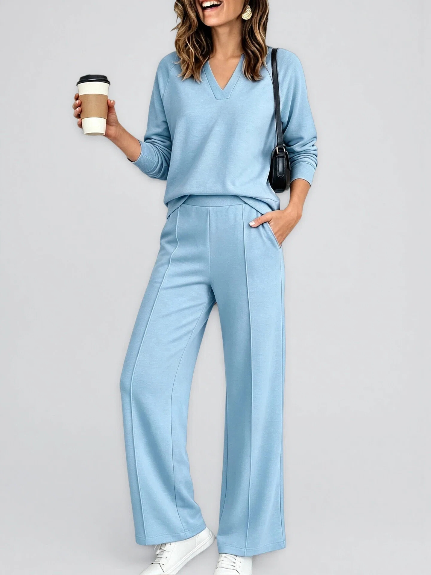 2‑Piece Soft Knit Co‑Ord Set | V‑Neck Long‑Sleeve Top & Front‑Seam Wide‑Leg Pants Casual Smart‑Casual Outfit