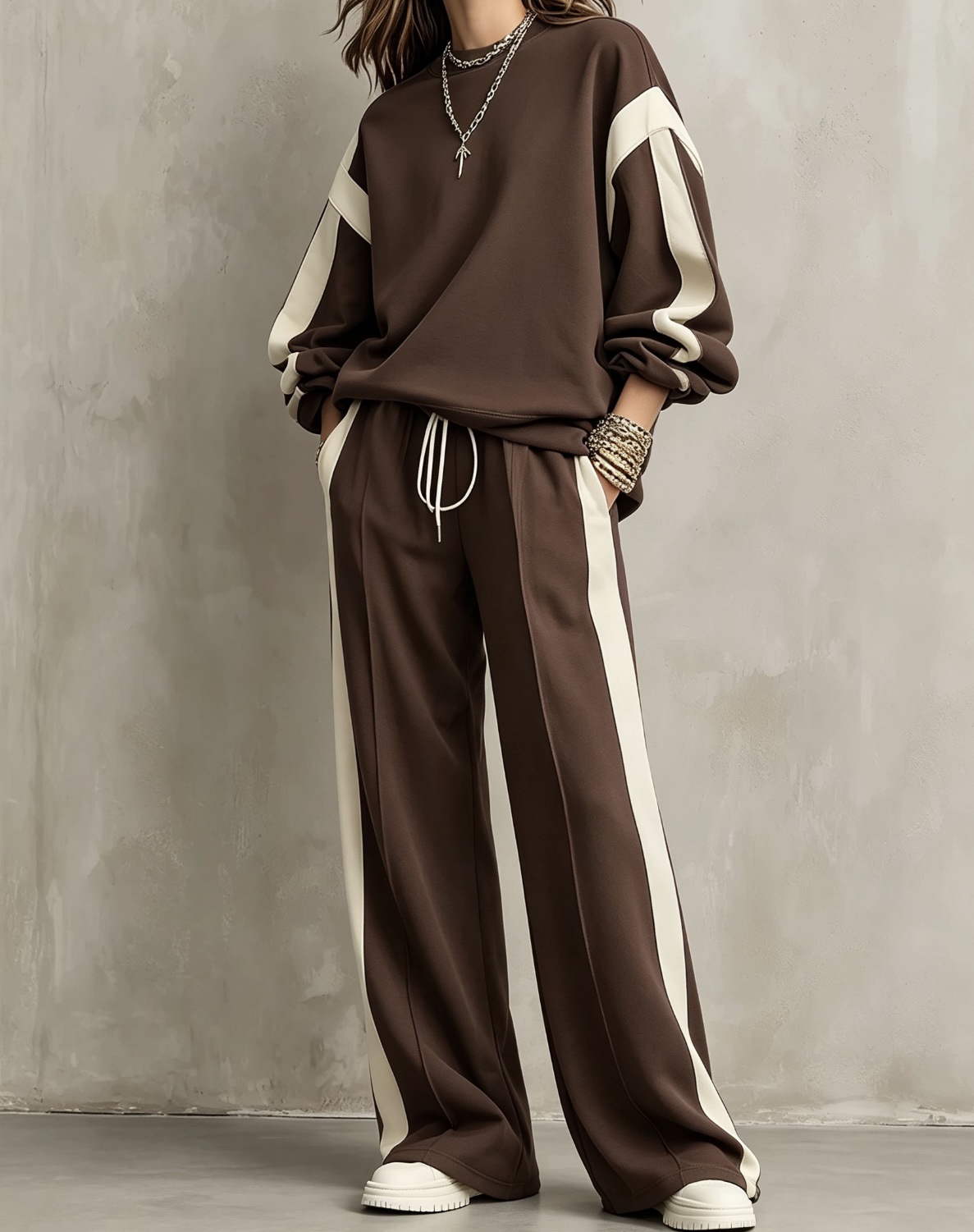 Olive Green Crew-neck Sweatshirt And Drawstring Wide-leg Pants Casual Set