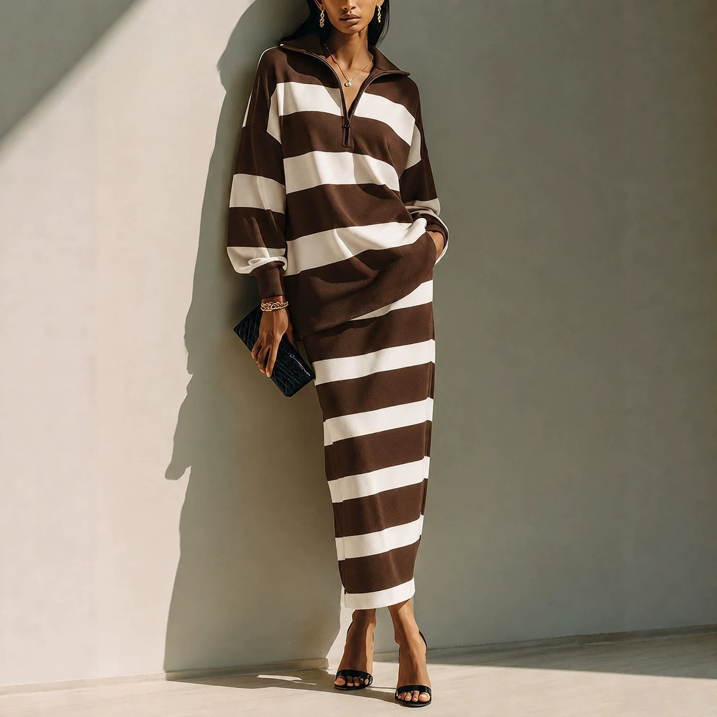 Navy Half-zip Color-block Striped Polo-collar Top And Midi Skirt Set