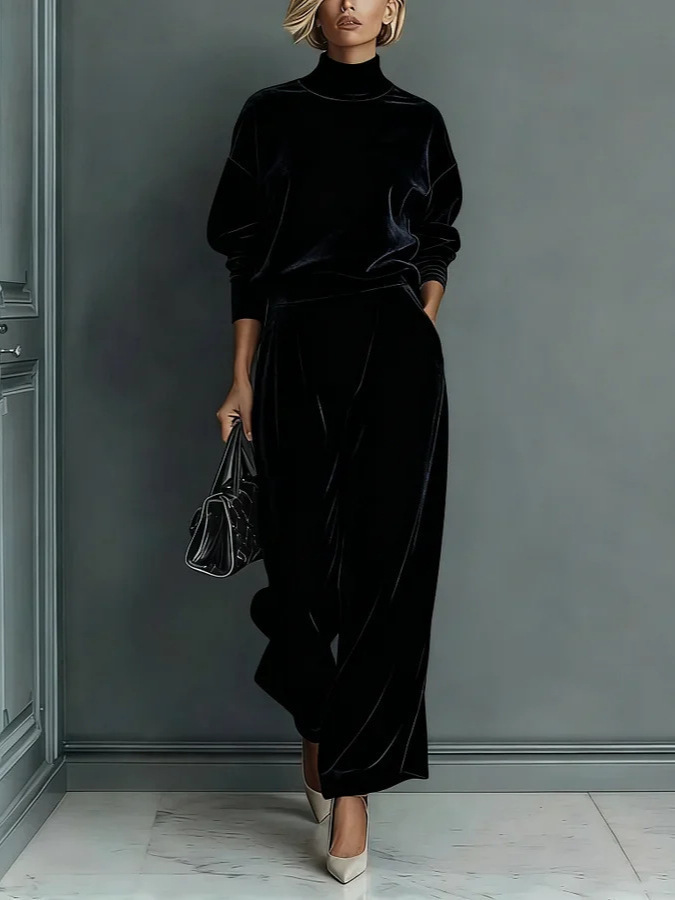 2‑Piece Velour Co‑Ord Set | Oversized Turtleneck Long‑Sleeve Top & Pleated Wide‑Leg Pants Elegant Loungewear Outfit