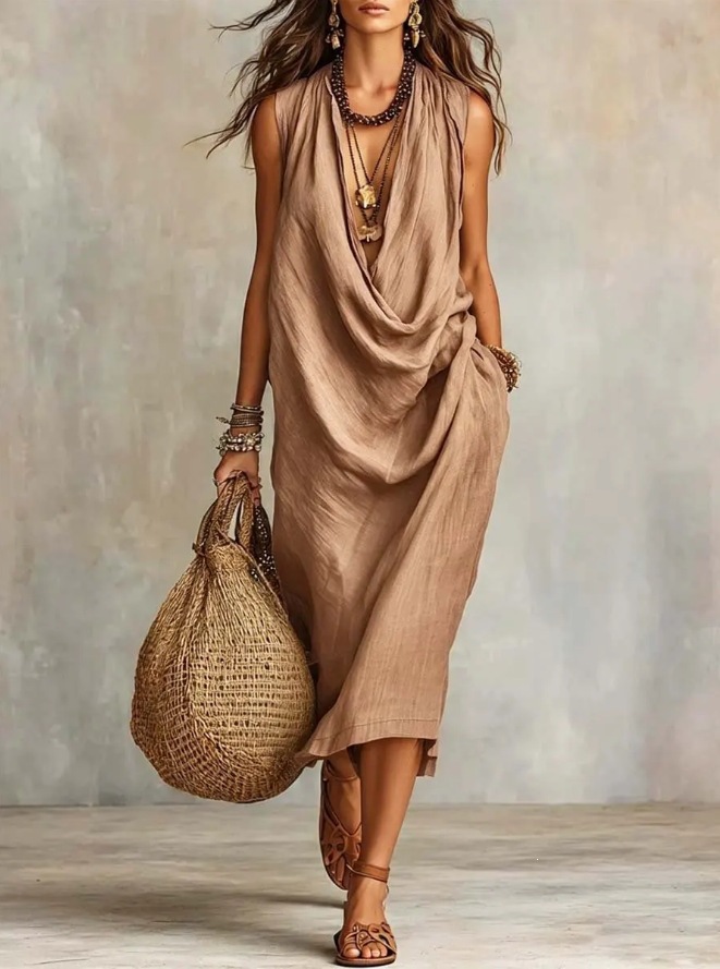 Draped Cowl Neck Sleeveless Loose Midi Linen Dress