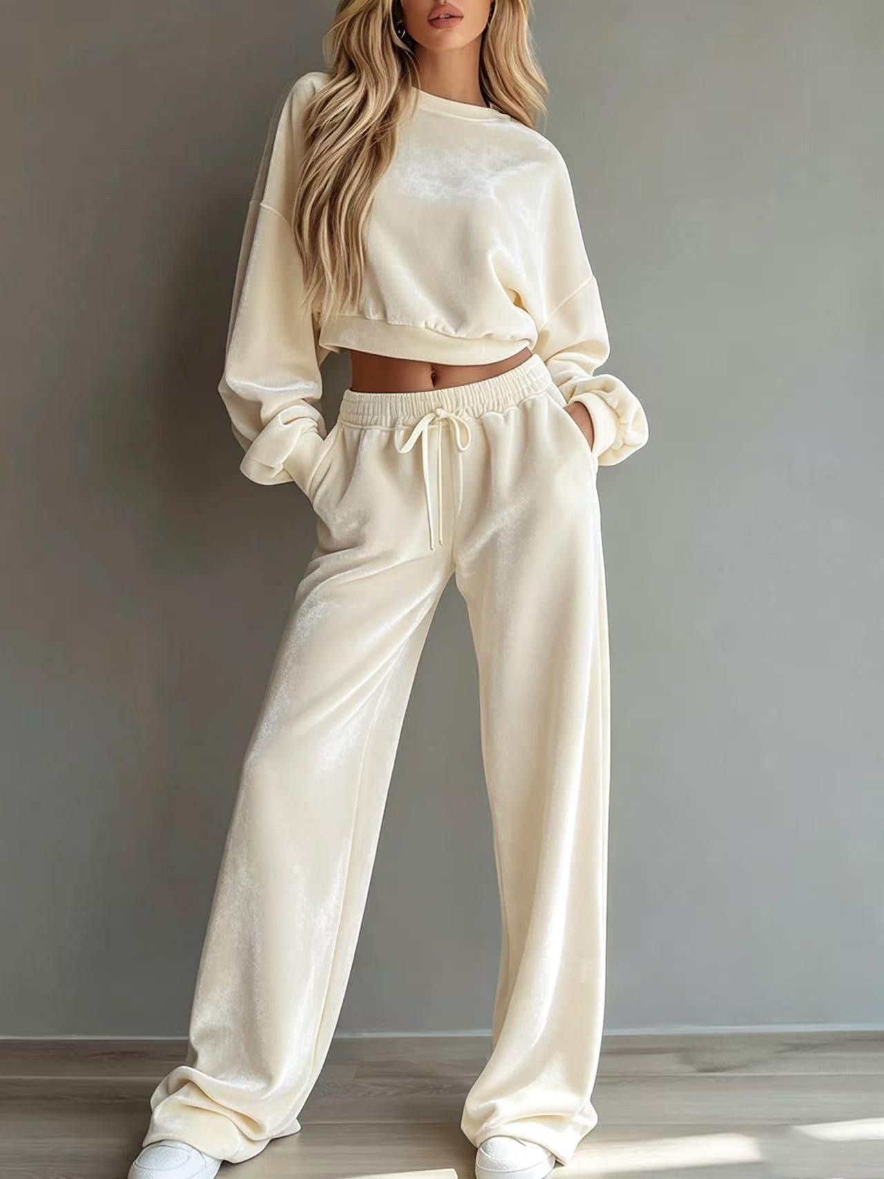 2‑Piece Velour Co‑Ord Set | Drop‑Shoulder Cropped Sweatshirt & Drawstring Wide‑Leg Pants Casual Loungewear Outfit