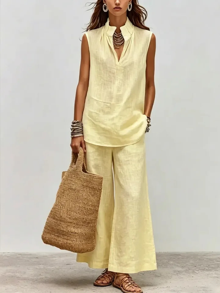 Stand Collar Sleeveless Split Neck Linen Top & Wide Leg Pants Two-Piece Matching Set