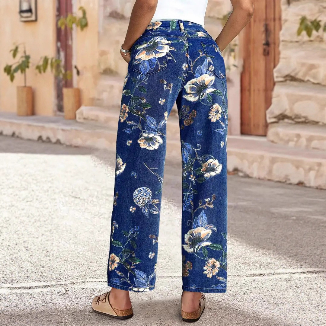 Women Floral Print Wide Leg Jeans