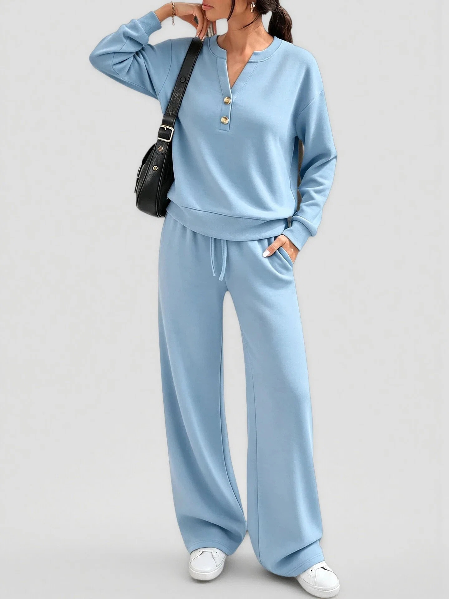 Henley Button‑Notch Sweatshirt & Drawstring Wide‑Leg Two‑Piece Loungewear Set
