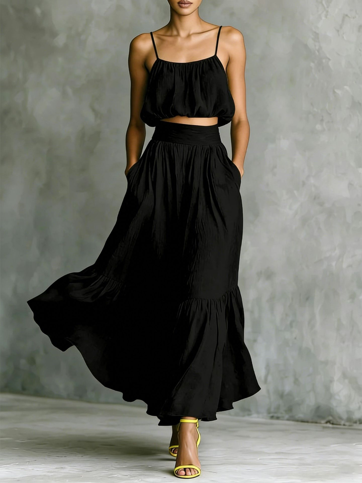 Spaghetti Strap Crop Top Tiered Maxi Skirt Matching Two Piece Set